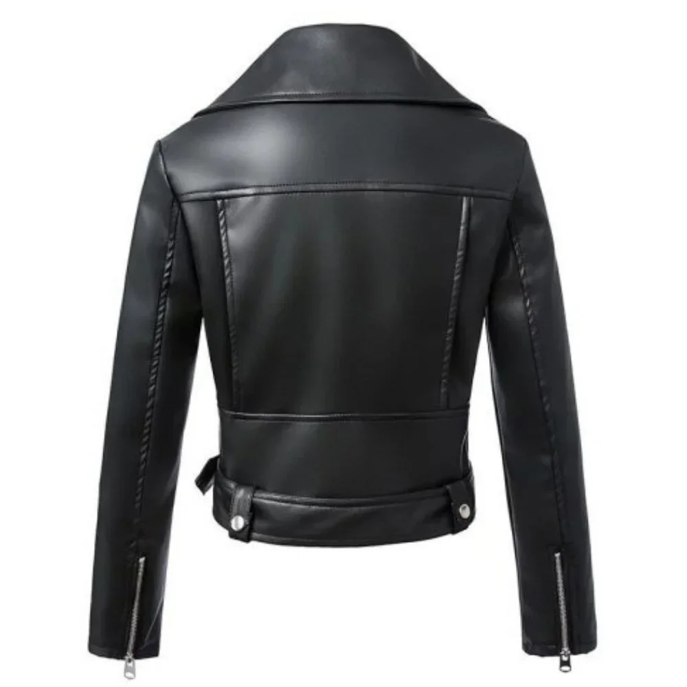 Black faux leather jacket with collar and belt - Picture 2 of 3